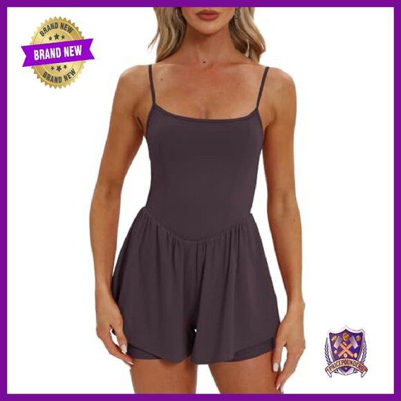Women's Sleeveless Athletic Romper Spaghetti Strap Double Lined Shorts Jumpsuit - Picture 2 of 7